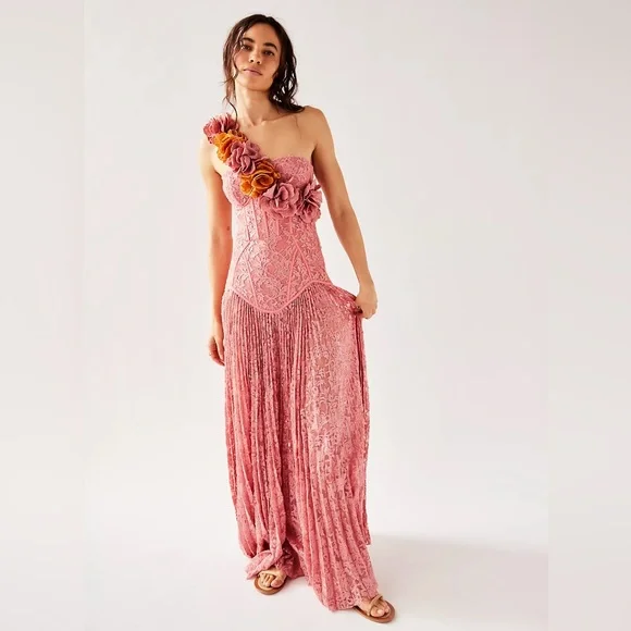 PatBO Hand -Embroidered Lace bustier pink Gown|Rose-One-Shoulder Floral Appliqué - Picture 1 of 8
